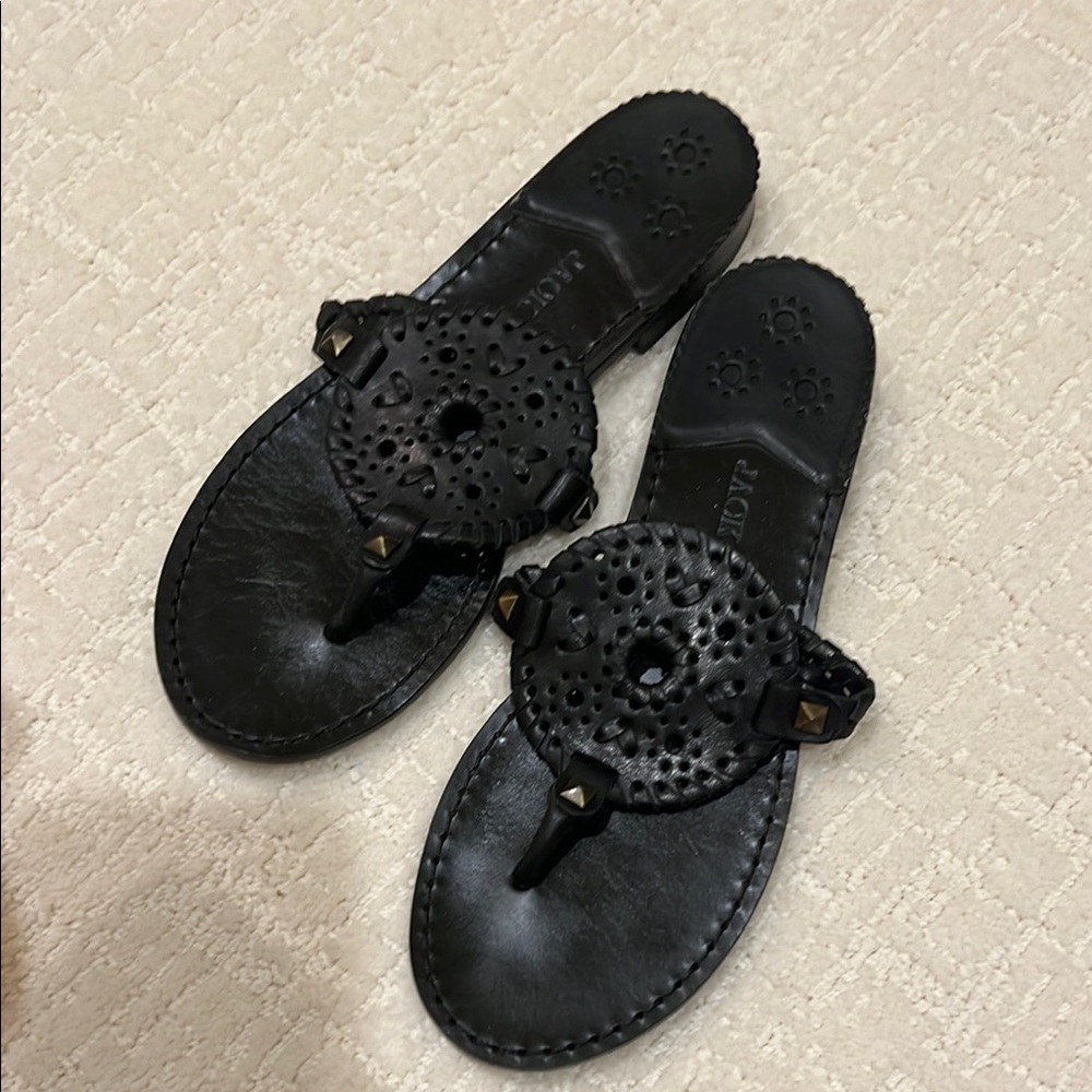 Jack Rogers Black Leather Sandals with Studded Detail, Minimal Wear, Size 6.